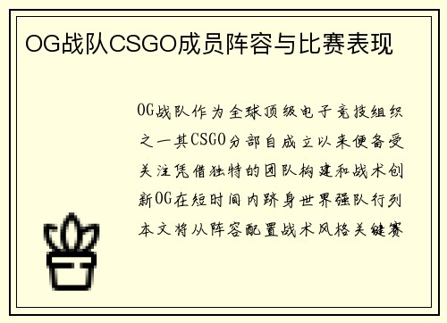 OG战队CSGO成员阵容与比赛表现