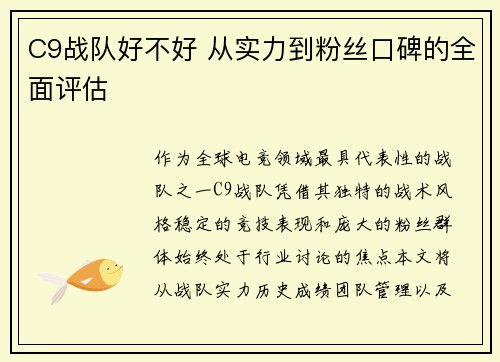 C9战队好不好 从实力到粉丝口碑的全面评估