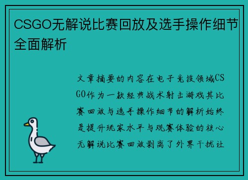 CSGO无解说比赛回放及选手操作细节全面解析