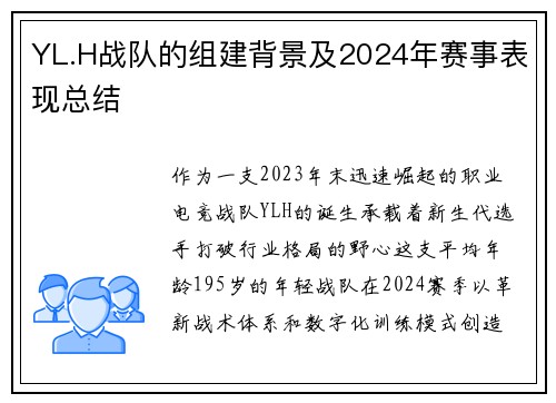 YL.H战队的组建背景及2024年赛事表现总结
